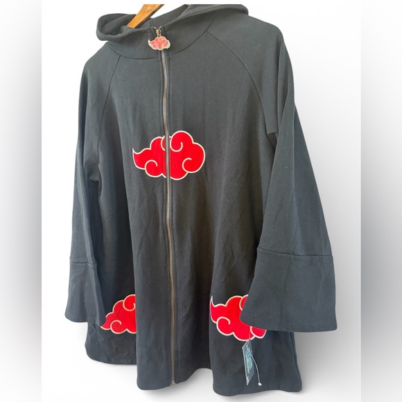 Hooded Zip Up Jacket - Black w/ Red Clouds, Unisex —Med, Naruto Shippuden, Anime - Picture 3 of 13